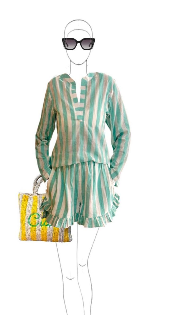 NWT Malabar Collective Mint Striped Pippa Set Kaftan Ruffle Shorts s/M